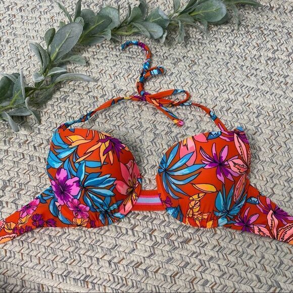 Target xhilaration orange floral bikini top size large - Picture 2 of 4